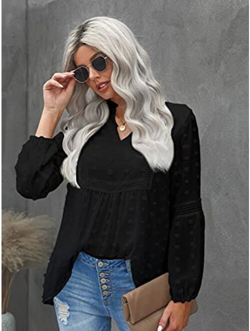 Floerns Women's Casual Notched Neck Long Sleeve Swiss Dots Chiffon Blouse Tops