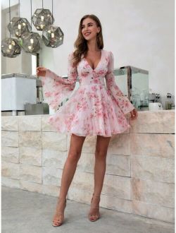 Double Crazy Plunging Neck Bell Sleeve Floral Dress