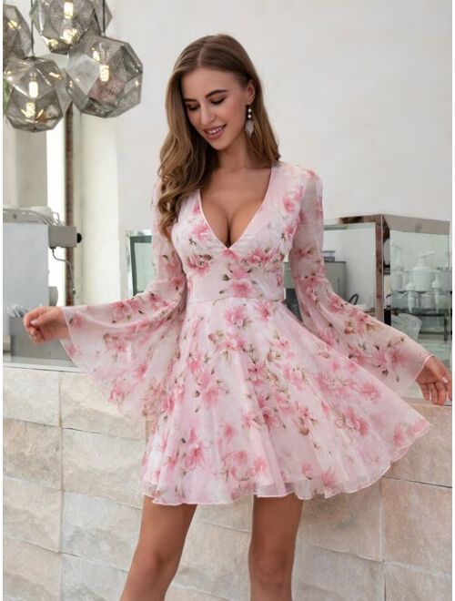 Shein Double Crazy Plunging Neck Bell Sleeve Floral Dress