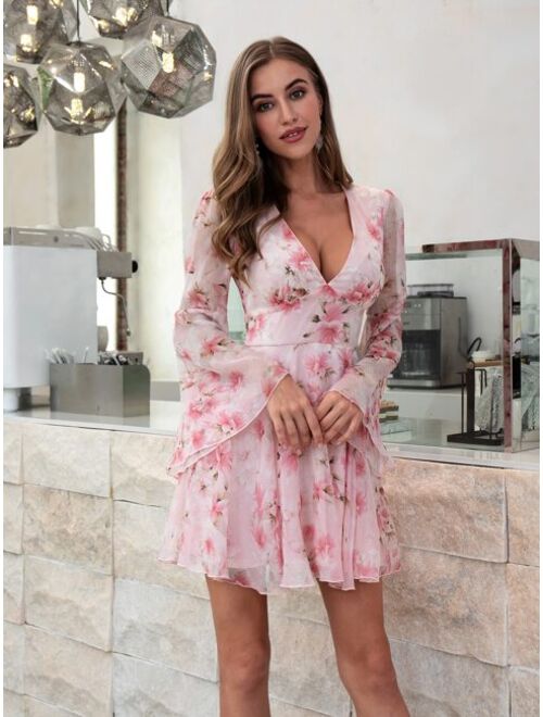 Shein Double Crazy Plunging Neck Bell Sleeve Floral Dress