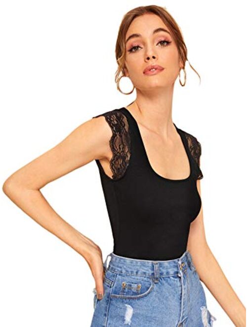 SweatyRocks Women's Solid Scoop Neck Lace Cap Sleeve Slim Fit T-Shirt Tops