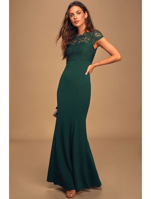 Lulus Hopeful Romantic Hunter Green Lace Mermaid Maxi Dress