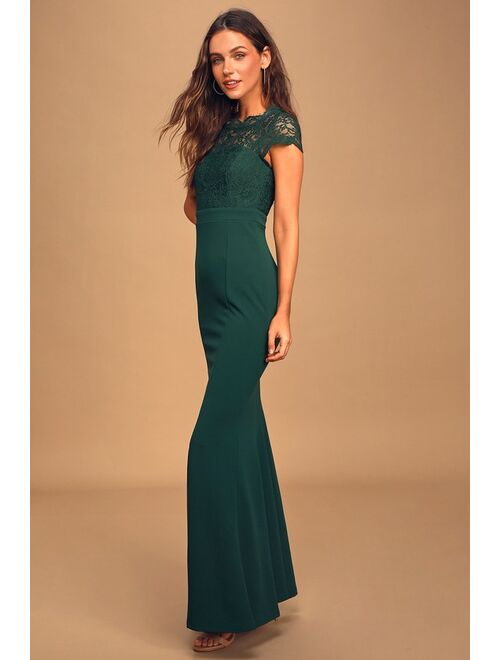 Lulus Hopeful Romantic Hunter Green Lace Mermaid Maxi Dress