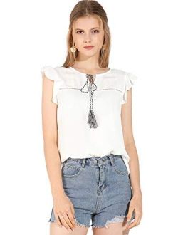 Women's Flutter Sleeve Tassels Tie Neck Hollow-Out Front Summer Casual Boho Tops