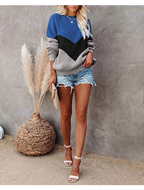 Saodimallsu Womens Oversized Batwing Sleeve Sweaters Chevron Color Block Slouchy Loose Knit Pullover Jumper