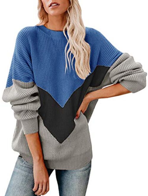 Saodimallsu Womens Oversized Batwing Sleeve Sweaters Chevron Color Block Slouchy Loose Knit Pullover Jumper