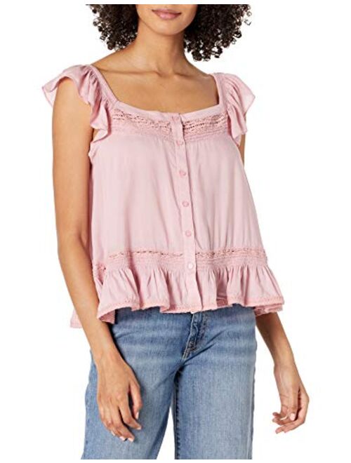 Lucky Brand Women's Flutter Sleeve Square Neck Button Up Peplum Top