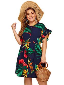 Women's Plus Size Tropical Leaf Print Ruffle Sleeve Pleated Short Dress