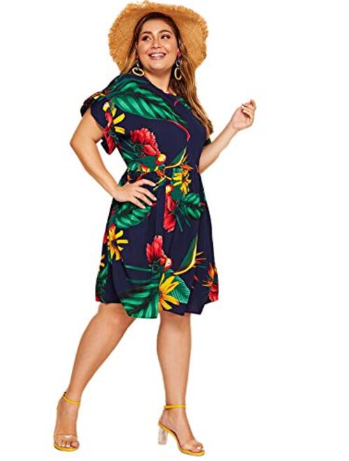 Milumia Women's Plus Size Tropical Leaf Print Ruffle Sleeve Pleated Short Dress