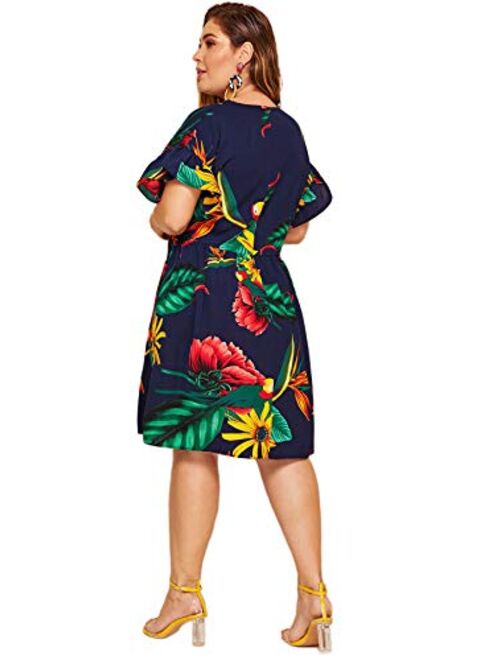 Milumia Women's Plus Size Tropical Leaf Print Ruffle Sleeve Pleated Short Dress