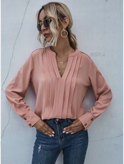 Solid Buttoned Cuff Notched Neck Blouse