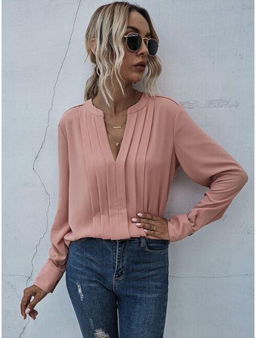 Shein Solid Buttoned Cuff Notched Neck Blouse