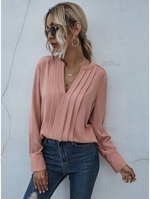 Shein Solid Buttoned Cuff Notched Neck Blouse