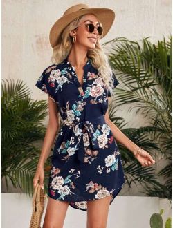 Notch Neck Belted High Low Floral Dress