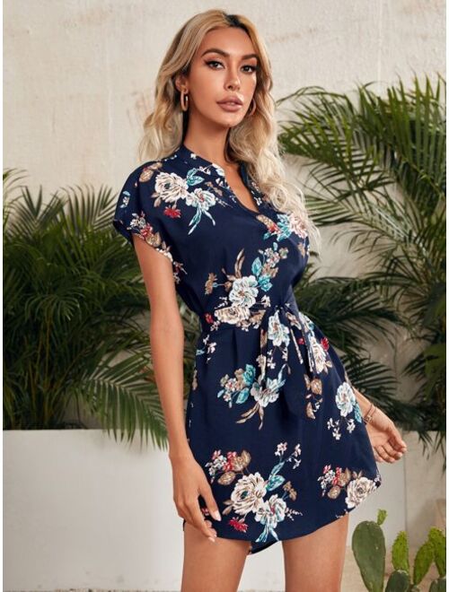 SHEIN Notch Neck Belted High Low Floral Dress