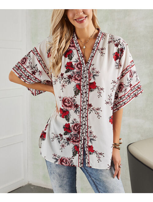 Suzanne Betro White & Red Floral Border Kimono-Sleeve Tunic - Women & Plus