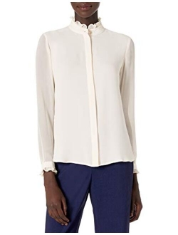 Women's Ruffled Neck and Cuff Button Down Blouse