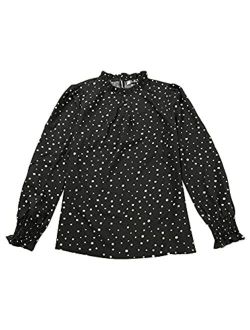 Women's Smocked Cuffs Top Puff Sleeve Ruffled Neck Vintage Printed Blouses