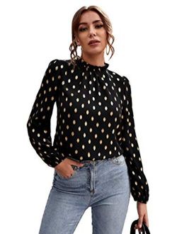 Women's Elegant Polka Dot Frill Neck Shirred Cuff Blouse Top