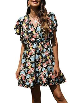 Manydress Women’s Casual Floral Print Butterfly Sleeve Flowy Swing Boho Dress with Pockets MY091