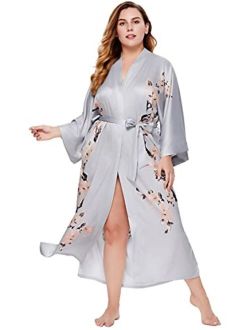 BABEYOND Plus Size Long Kimono Robe Floral Satin Robes Plus Size Kimono Cover Up Loose Cardigan Top Bachelorette Party Robe
