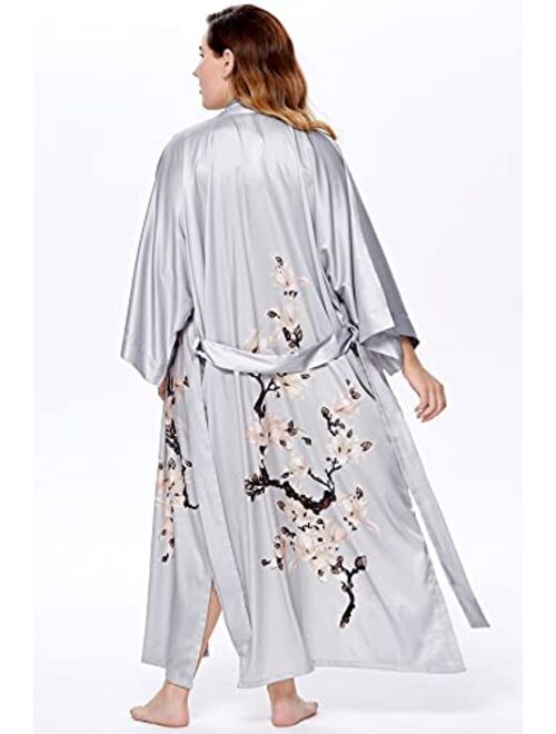 BABEYOND Plus Size Long Kimono Robe Floral Satin Robes Plus Size Kimono Cover Up Loose Cardigan Top Bachelorette Party Robe