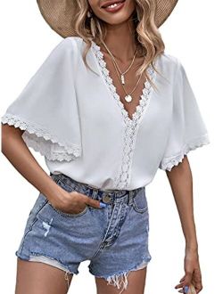 Women's Casual Contrast Lace Trim V Neck Blouse Butterfly Sleeve Shirt Tops