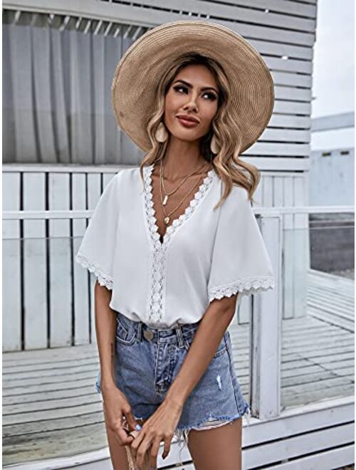Milumia Women's Casual Contrast Lace Trim V Neck Blouse Butterfly Sleeve Shirt Tops