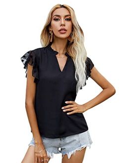 Women's Casual Notched Neck Polka Dots Mesh Butterfly Sleeve Work Blouse Top