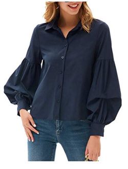Women's Vintage Lantern Sleeve Work Blouse Collared Button Down Shirts Tops
