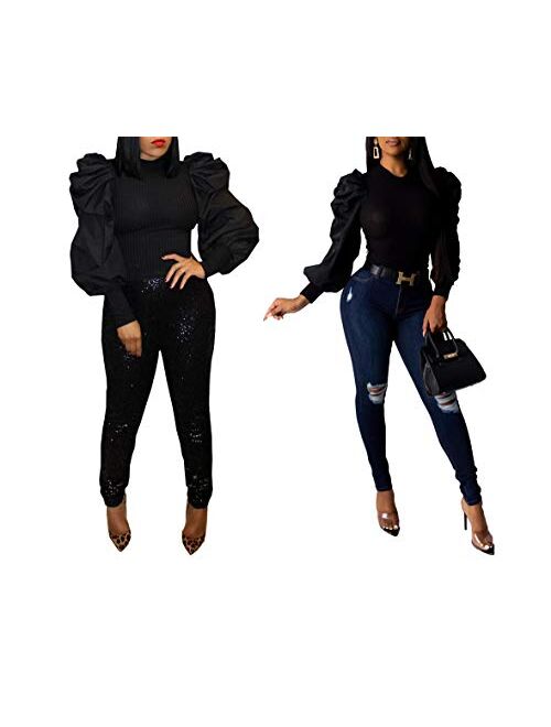 Ophestin Womens Sexy Puff Long Sleeve Patchwork Ribbed Round Neck Slim Fit Party Blouse T Shirts Pullover Top