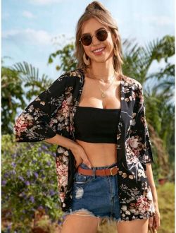 Floral Print Belted Kimono