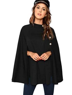Women's Button Front Cloak Sleeve Elegant Cape Mock Poncho Classy Plaid Print Cape Coat