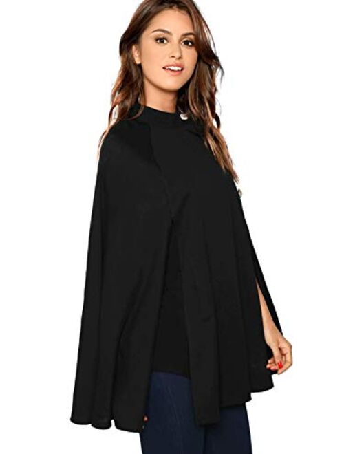 MAKEMECHIC Women's Button Front Cloak Sleeve Elegant Cape Mock Poncho Classy Plaid Print Cape Coat