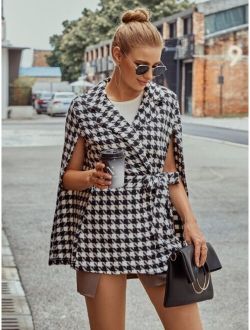 Houndstooth Pattern Belted Tweed Cape Coat
