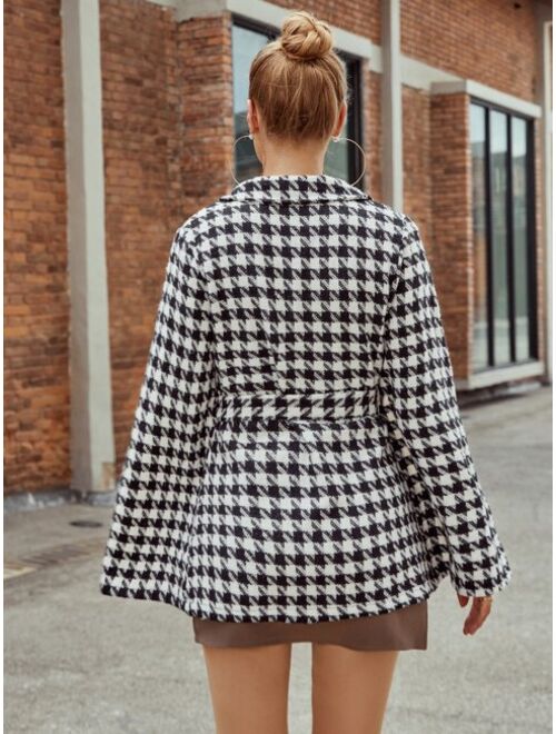 Shein Houndstooth Pattern Belted Tweed Cape Coat