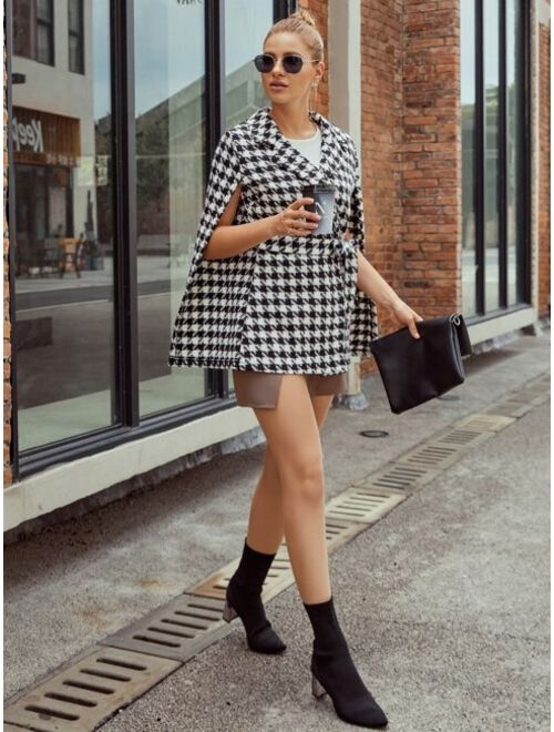 Shein Houndstooth Pattern Belted Tweed Cape Coat