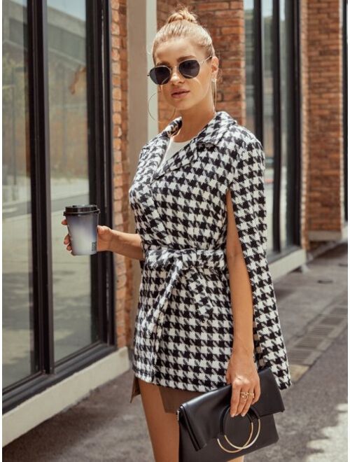 Shein Houndstooth Pattern Belted Tweed Cape Coat