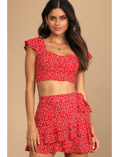 Lulus Flourishing Moments Red Floral Print Tie-Back Crop Top