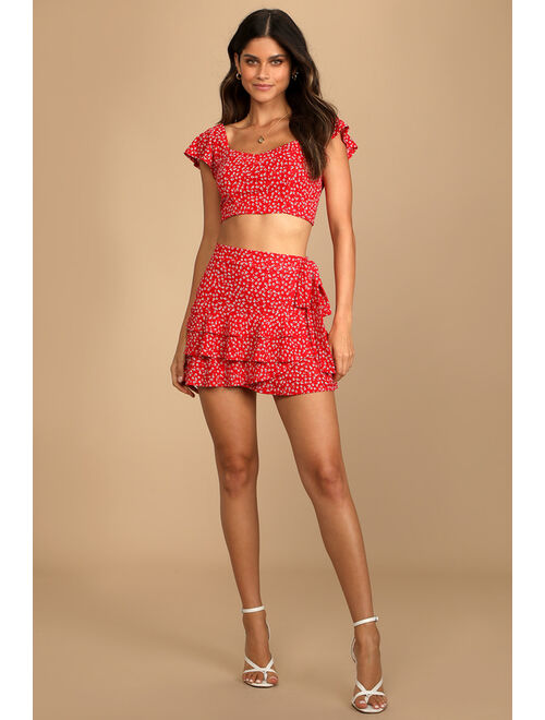 Lulus Flourishing Moments Red Floral Print Tie-Back Crop Top