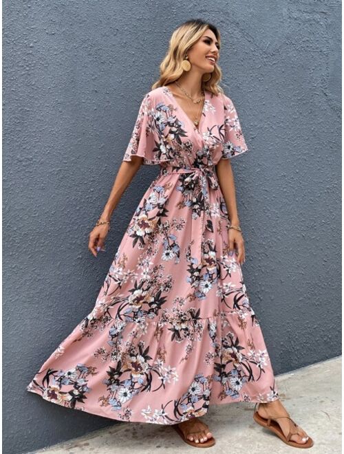 Shein Surplice Front Floral Print Belted Dress