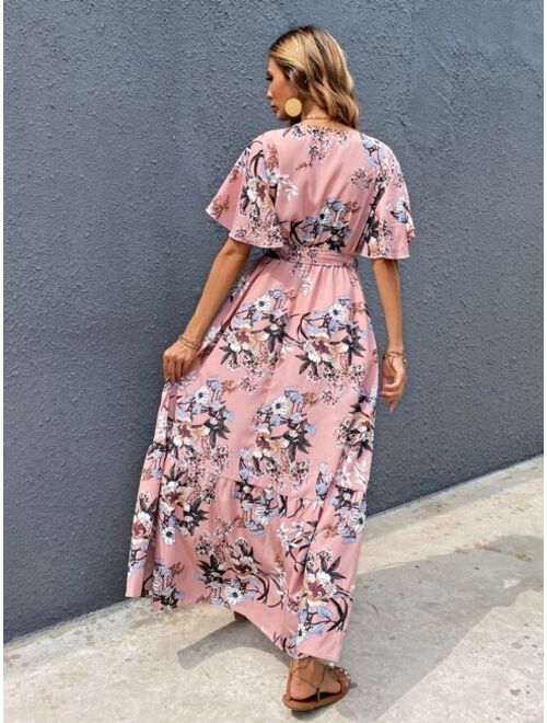 Shein Surplice Front Floral Print Belted Dress