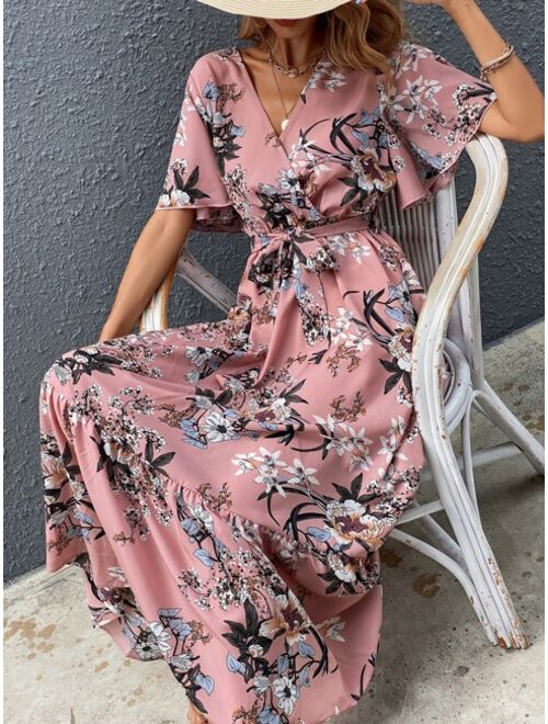 Shein Surplice Front Floral Print Belted Dress