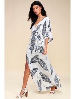 Sign of the Times White and Navy Blue Leaf Print Maxi Dress