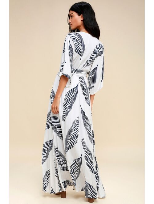 Lulus Sign of the Times White and Navy Blue Leaf Print Maxi Dress