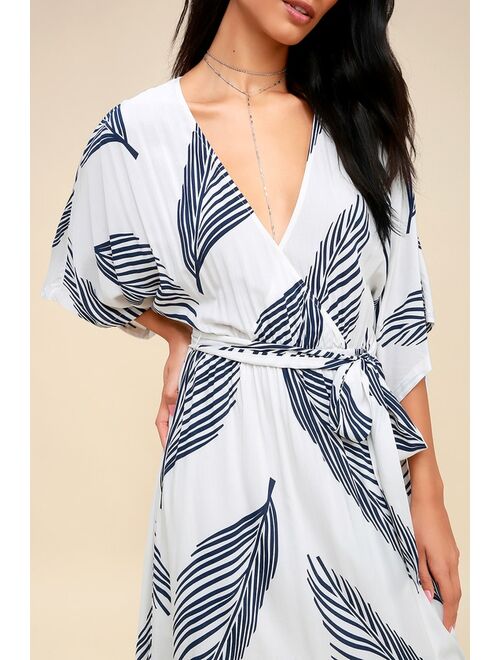 Lulus Sign of the Times White and Navy Blue Leaf Print Maxi Dress
