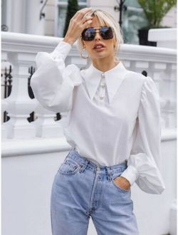 Collared Lantern Sleeve Buttoned Front Blouse
