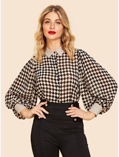 Shein 70s Bishop Sleeve Checkerboard Blouse