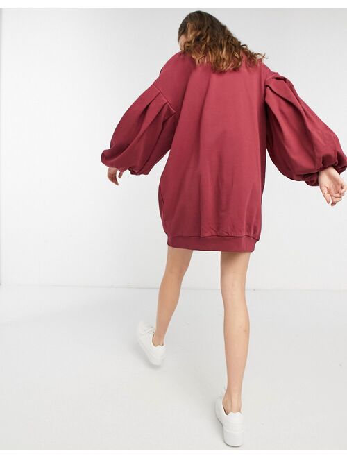 ASOS DESIGN oversized balloon sleeve sweat mini dress with letter graphic in burgundy and navy
