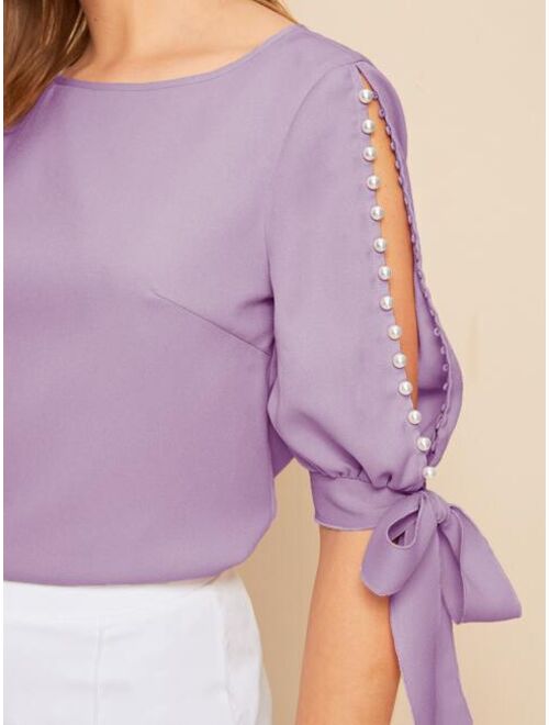 SHEIN Pearl Beaded Split Sleeve Knot Cuff Top